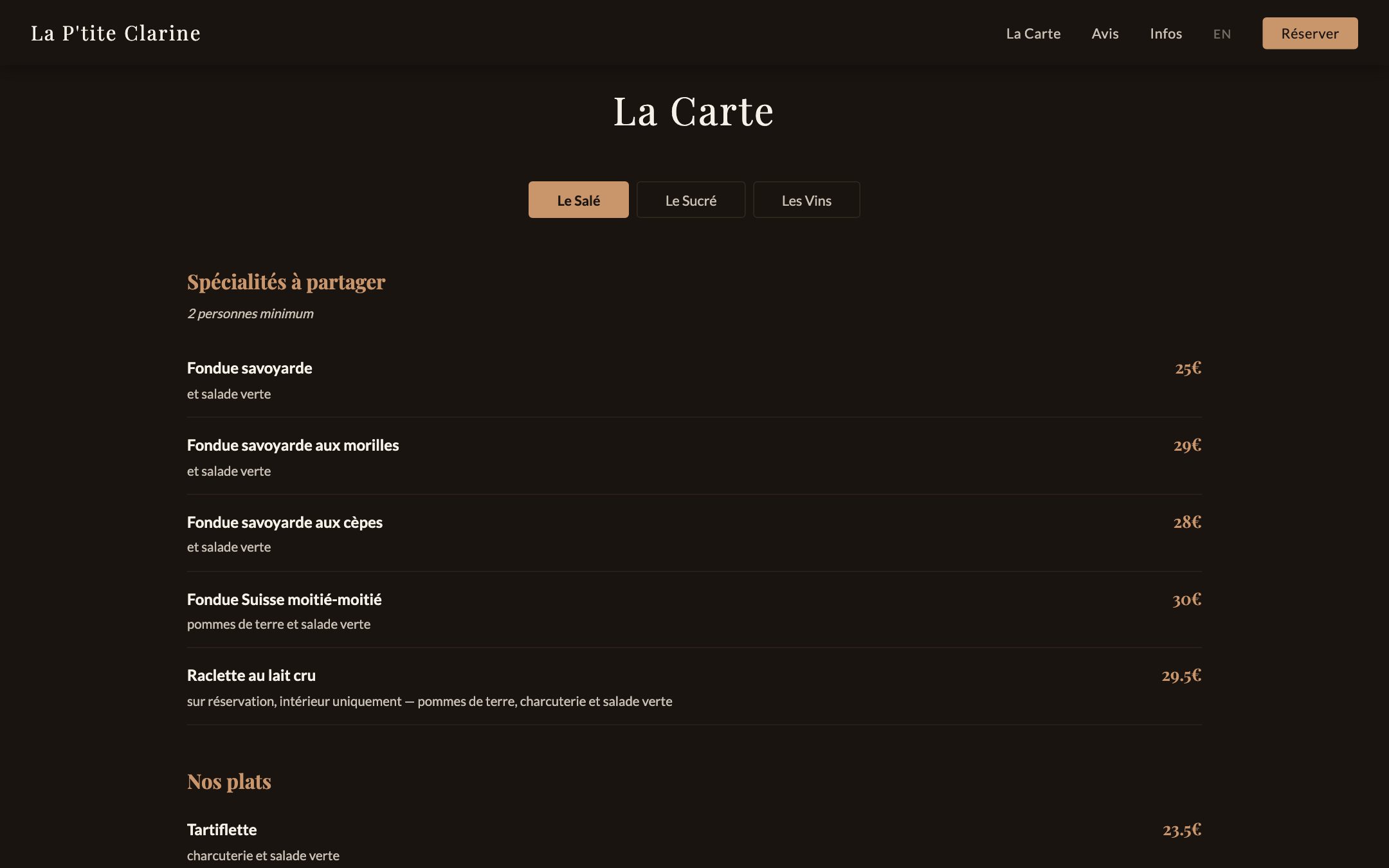 La carte : les spécialités à partager, puis les plats avec leurs prix.