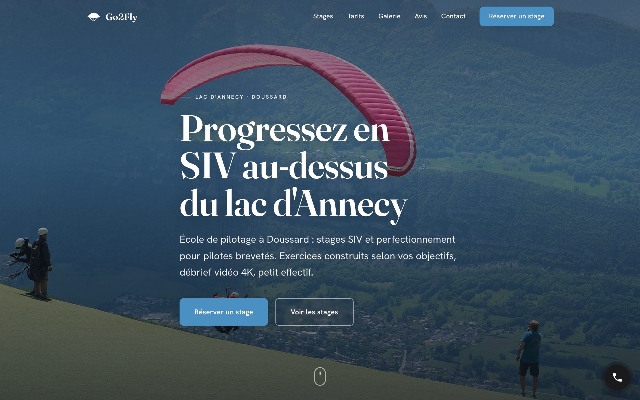 L’ouverture, plein cadre au-dessus du lac : « Progressez en SIV », et les deux boutons de réservation.