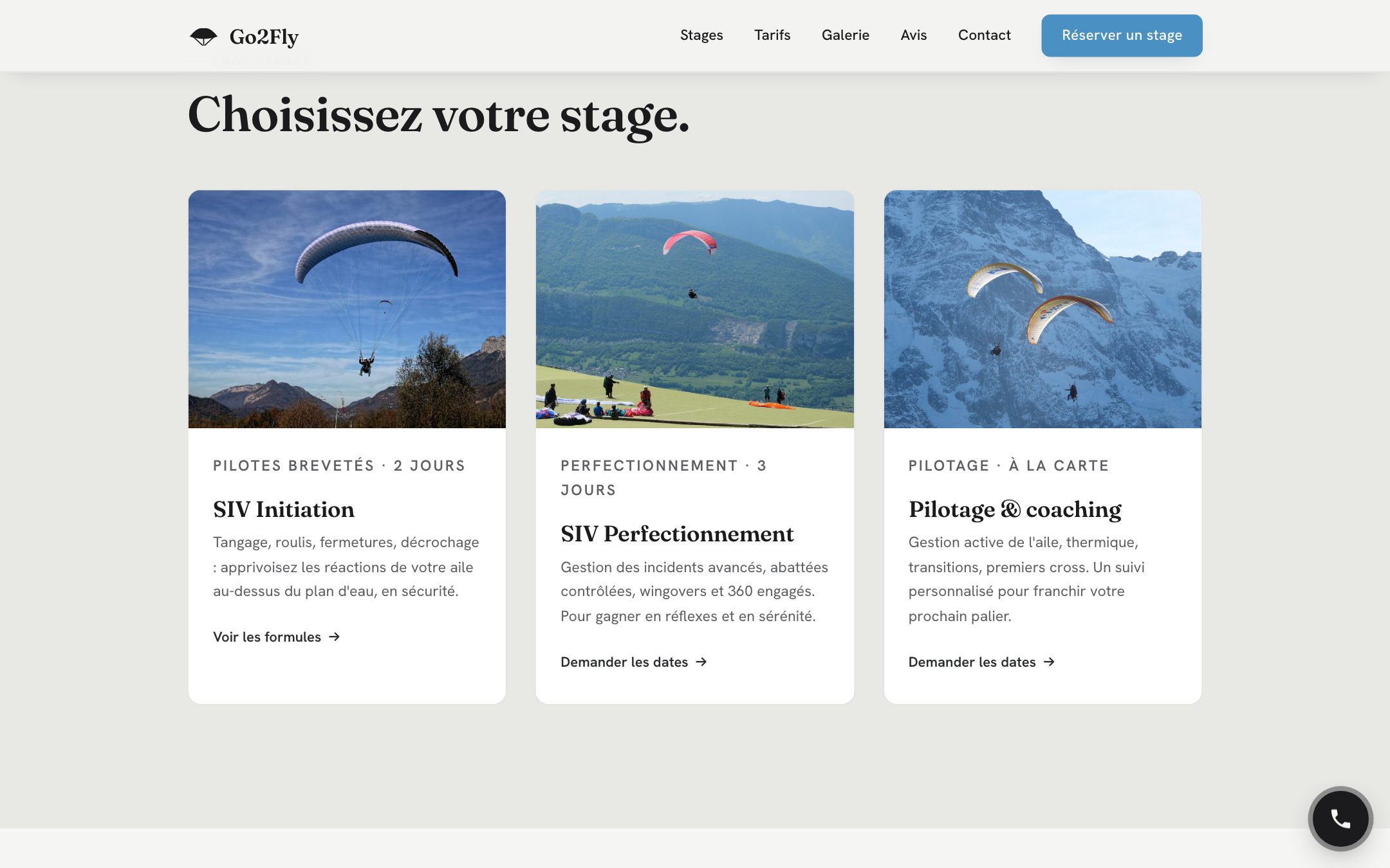 Les trois stages, chacun avec son tarif et son niveau requis.