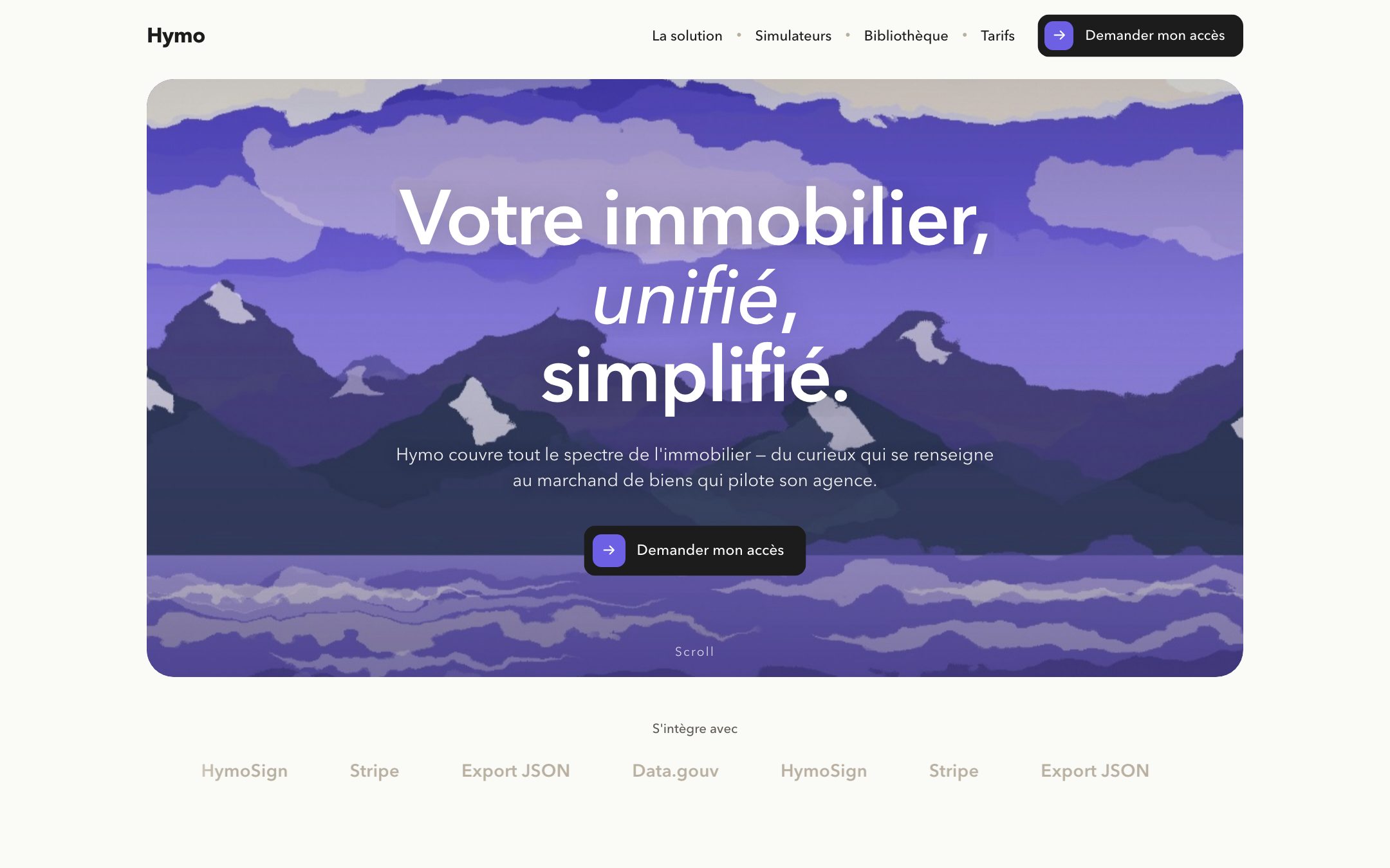 L’ouverture : « Votre immobilier, unifié, simplifié », et le bouton d’accès à la bêta.