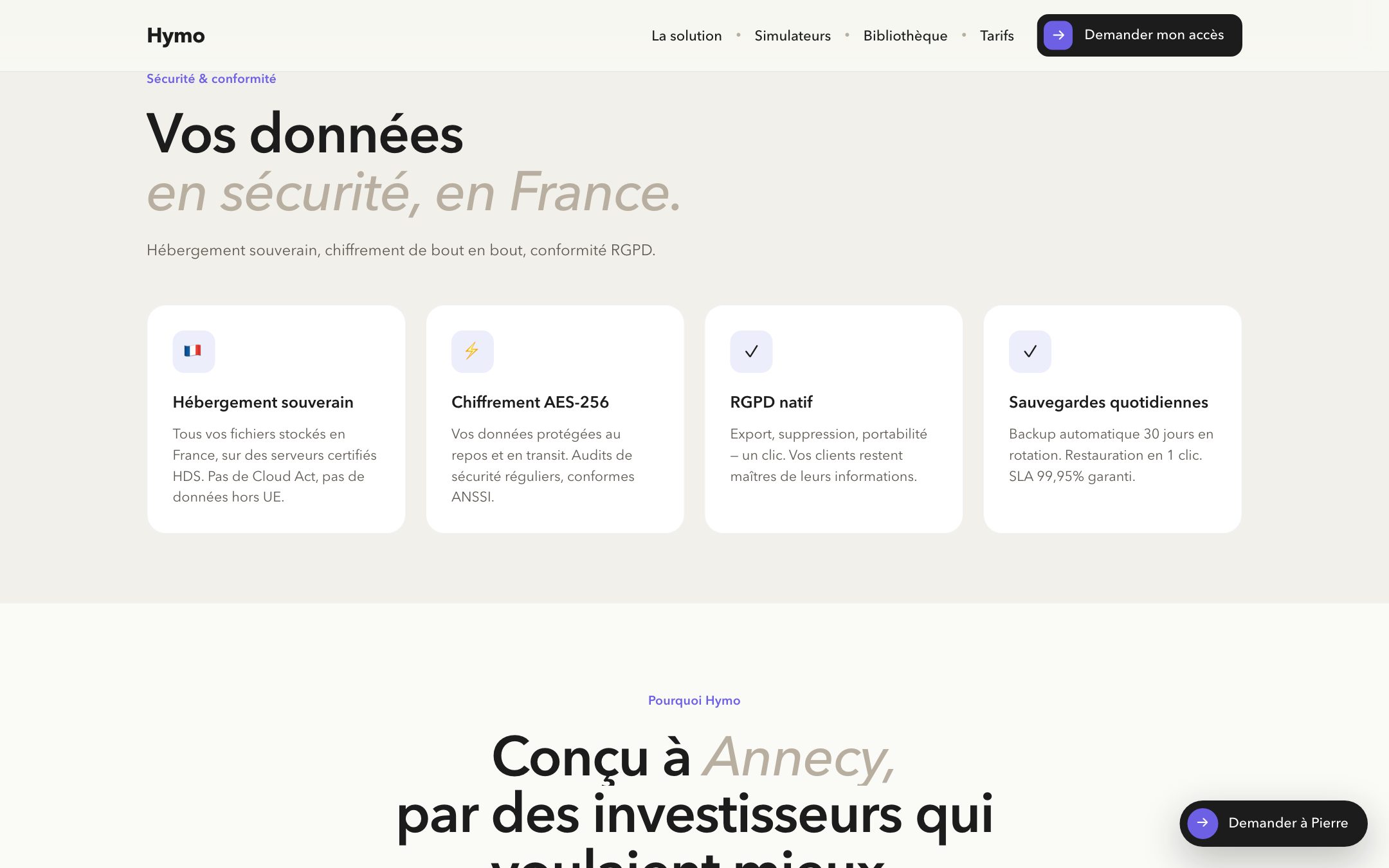 Les garanties : hébergement en France, chiffrement, RGPD, sauvegardes — et « conçu à Annecy ».
