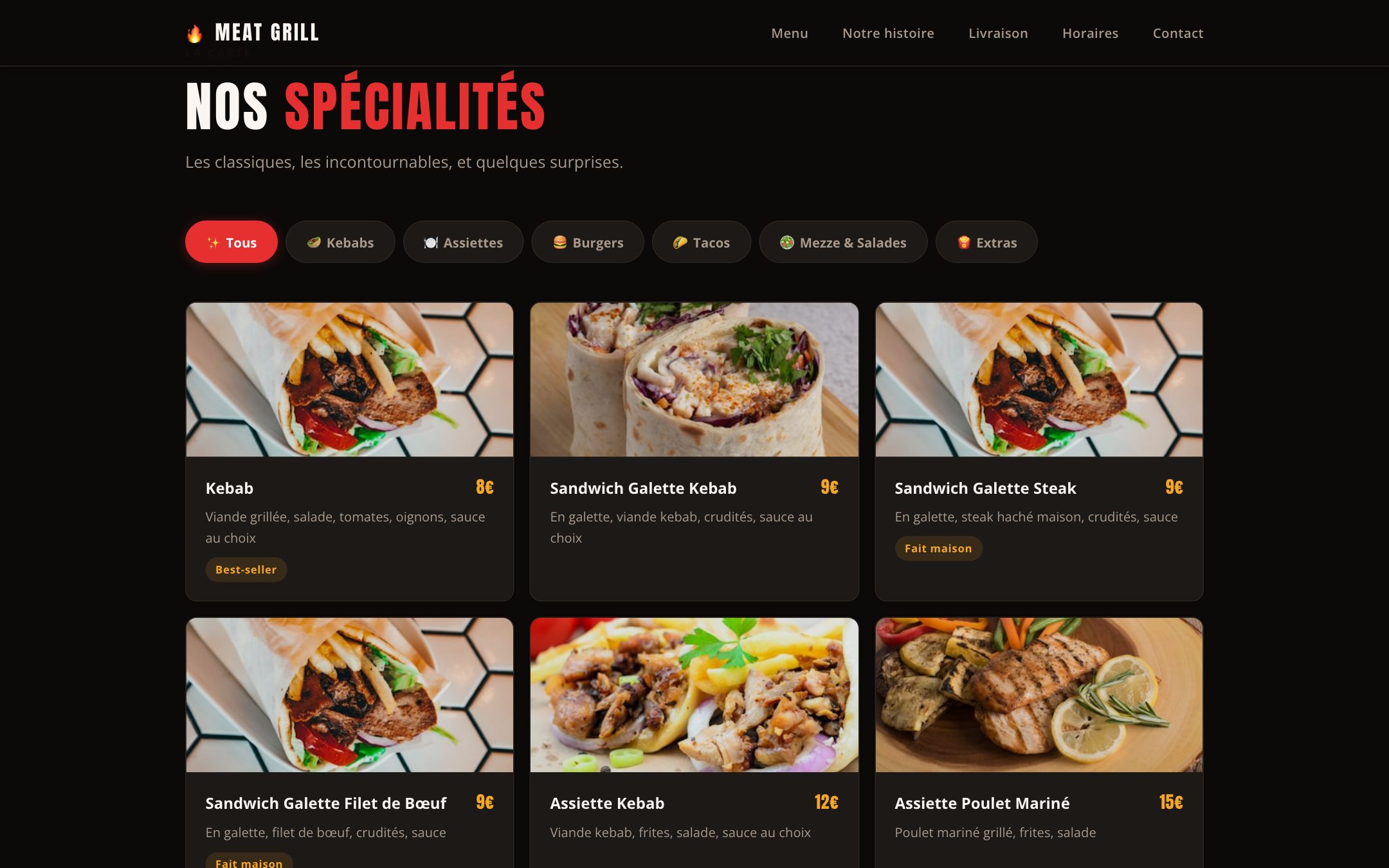 Les spécialités, puis la carte : sandwichs et assiettes, chacun avec son prix.
