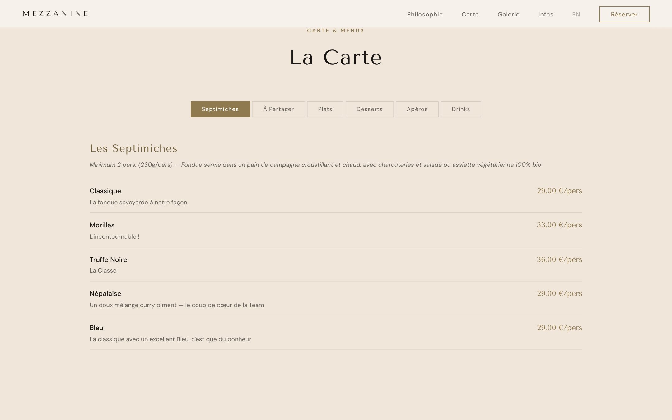 La carte, et les « Septimiches » — la spécialité de la maison.