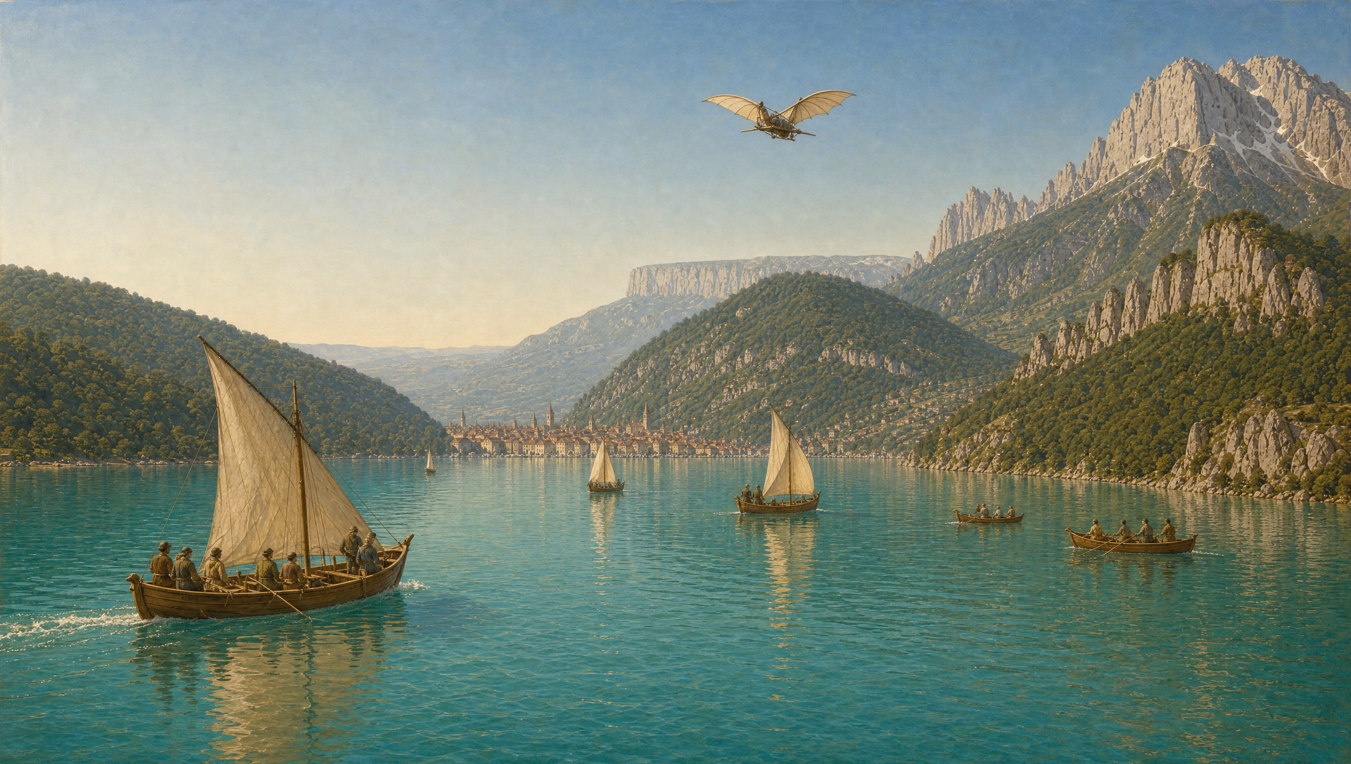 Des barques à voile latine sur le lac d'Annecy, la ville au fond, peint à l'huile
